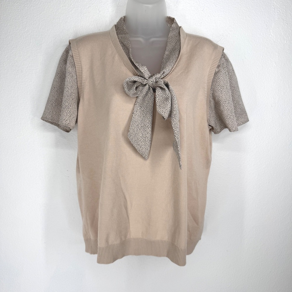 Adrianna Papell Tan Knit Vest Layered Tie Neck Polka Dot Top Size L Academia